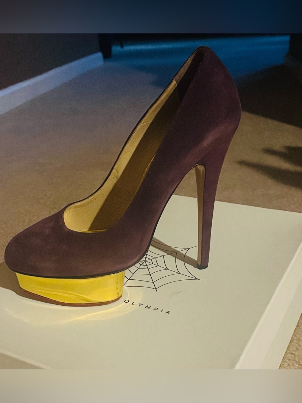 Charlotte Olympia Purple Suede Stiletto Pump with Gold Platform